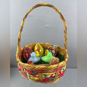 RARE 1950s Easter Basket, Chicken Candy Holder,& Eggs Decor Lot
